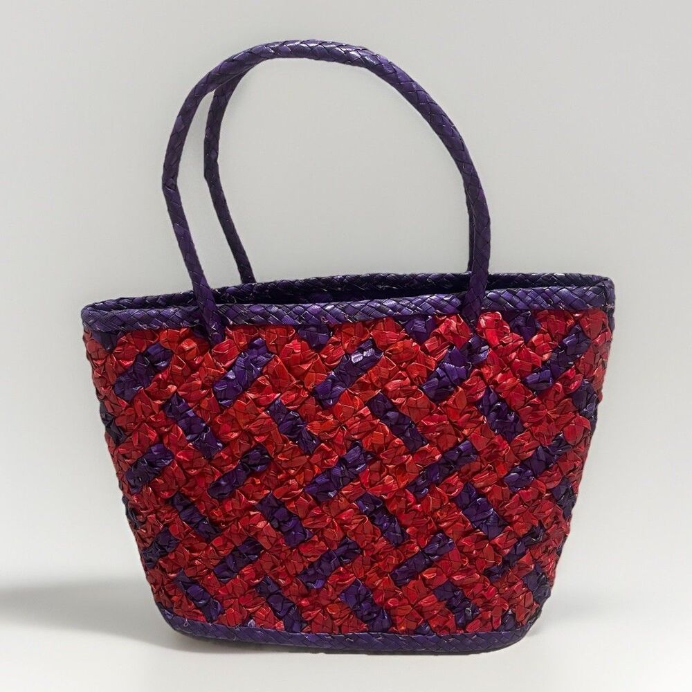 Mexican handcrafted artisanal straw woven tote Hand bag colorful Wicker 13x10”